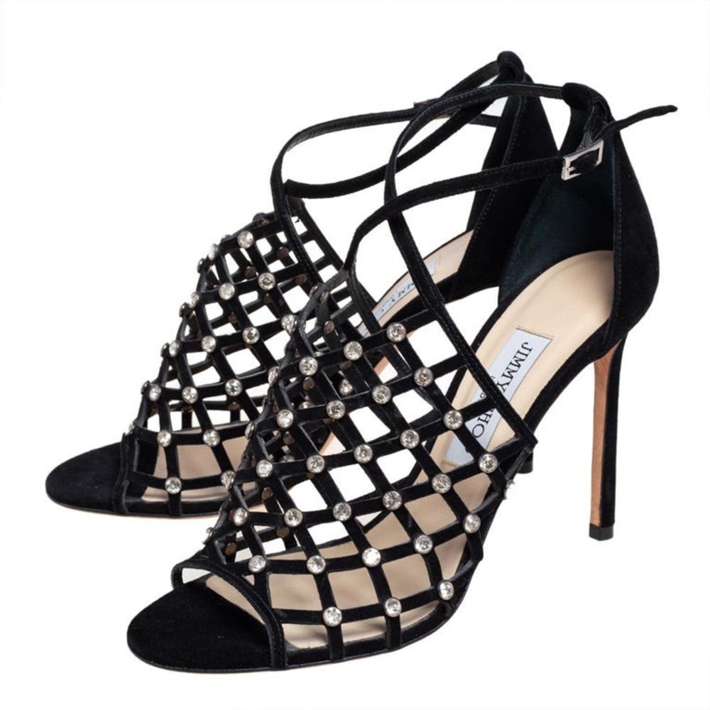 Jimmy Choo Black Crystal Cage Strappy Stiletto Heels